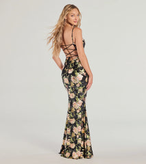 Drea Floral Velvet Burnout Lace-Up Mermaid Dress