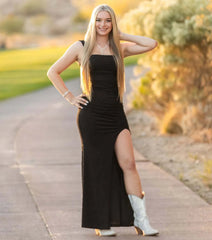 Devon Glitter Cutout High Slit Column Dress