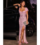 Amber Puff Sleeve Lace-Up Slit Sequin Formal Dress