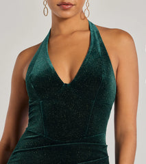 Sparkling Glam Velvet Glitter Halter Midi Dress