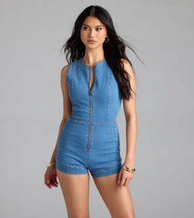 Doing The Most Sleeveless Zip-Up Denim Romper