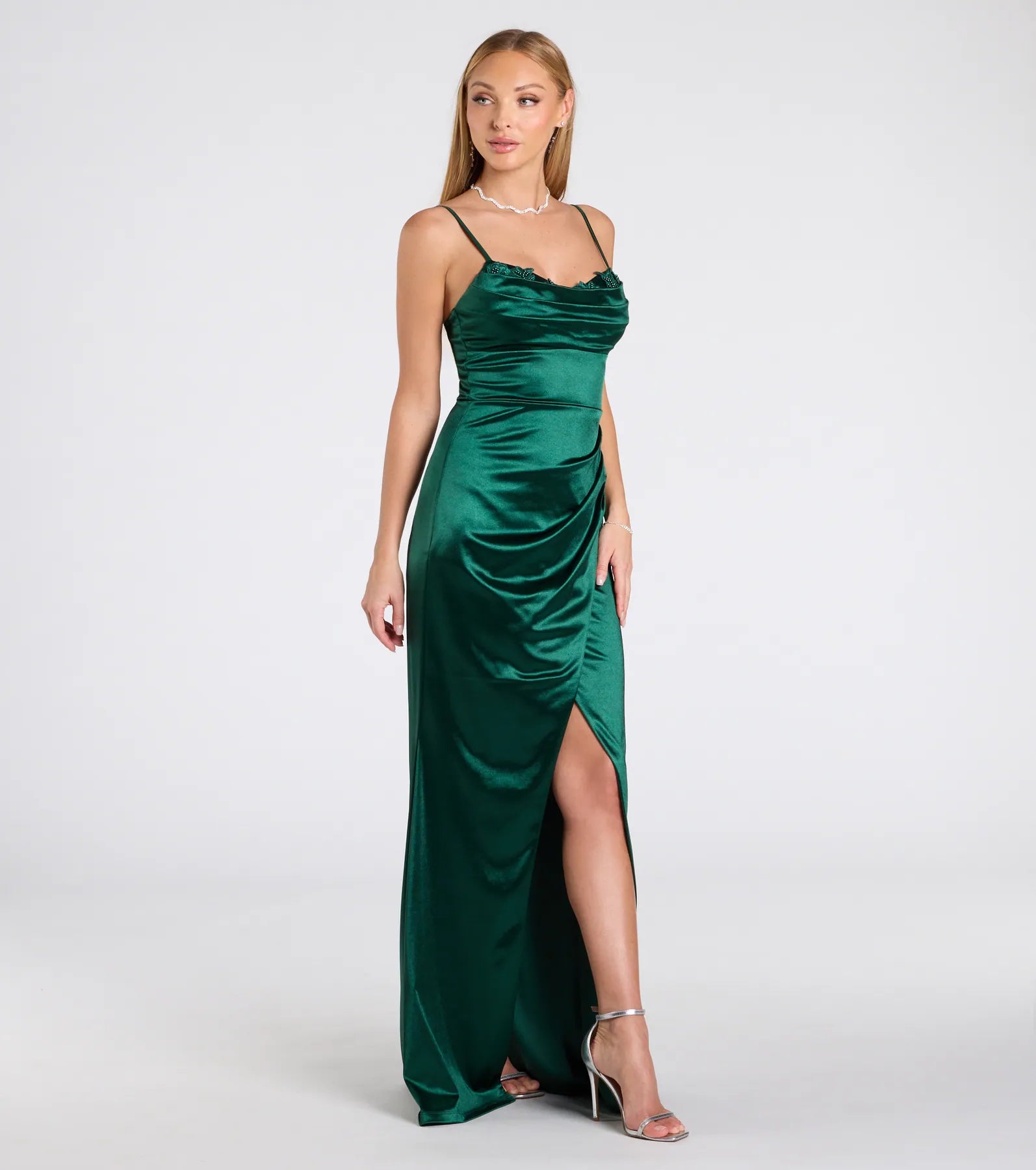 Michelle Applique Trim Wrap Satin Formal Dress