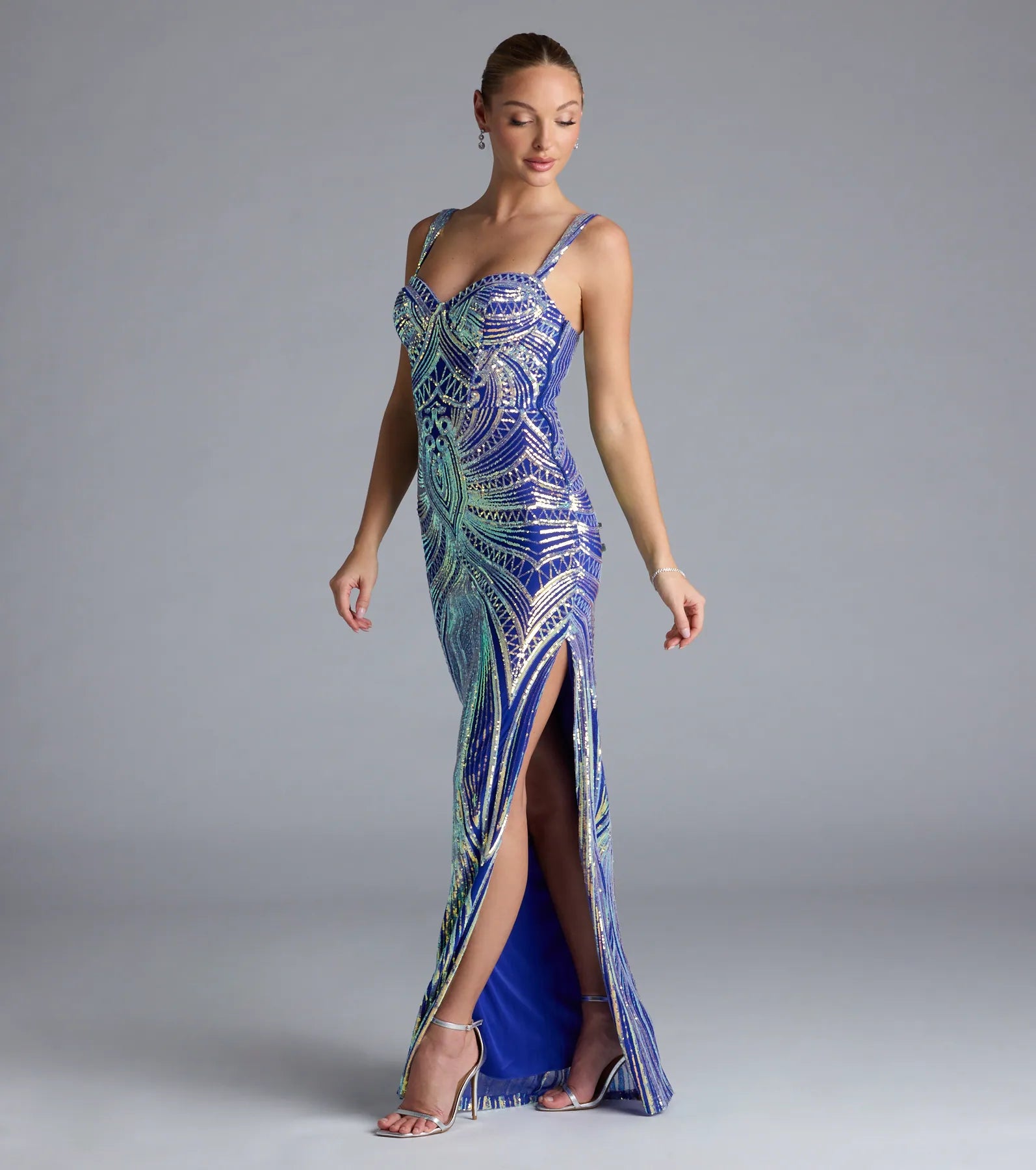 Elisa Iridescent Sequin High Slit Column Dress