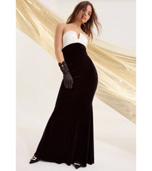 Marnie Strapless Satin Bow Velvet Column Formal Dress