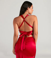 Jamie Lace-Up Satin Formal Column Dress