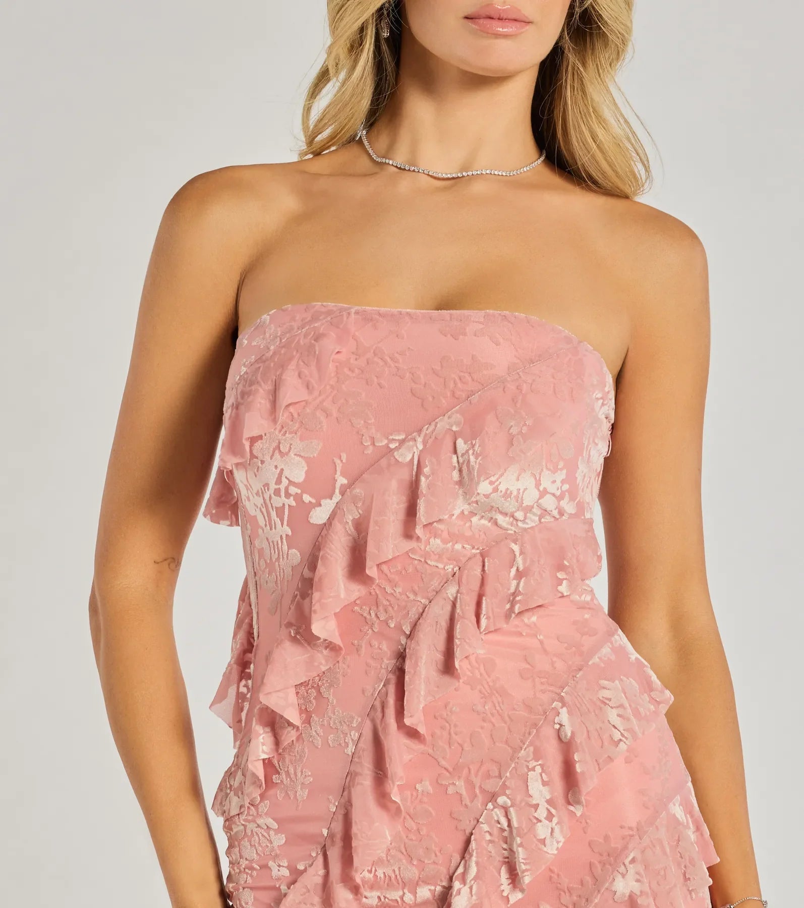 Brie Strapless Ruffled Slit Column Dress