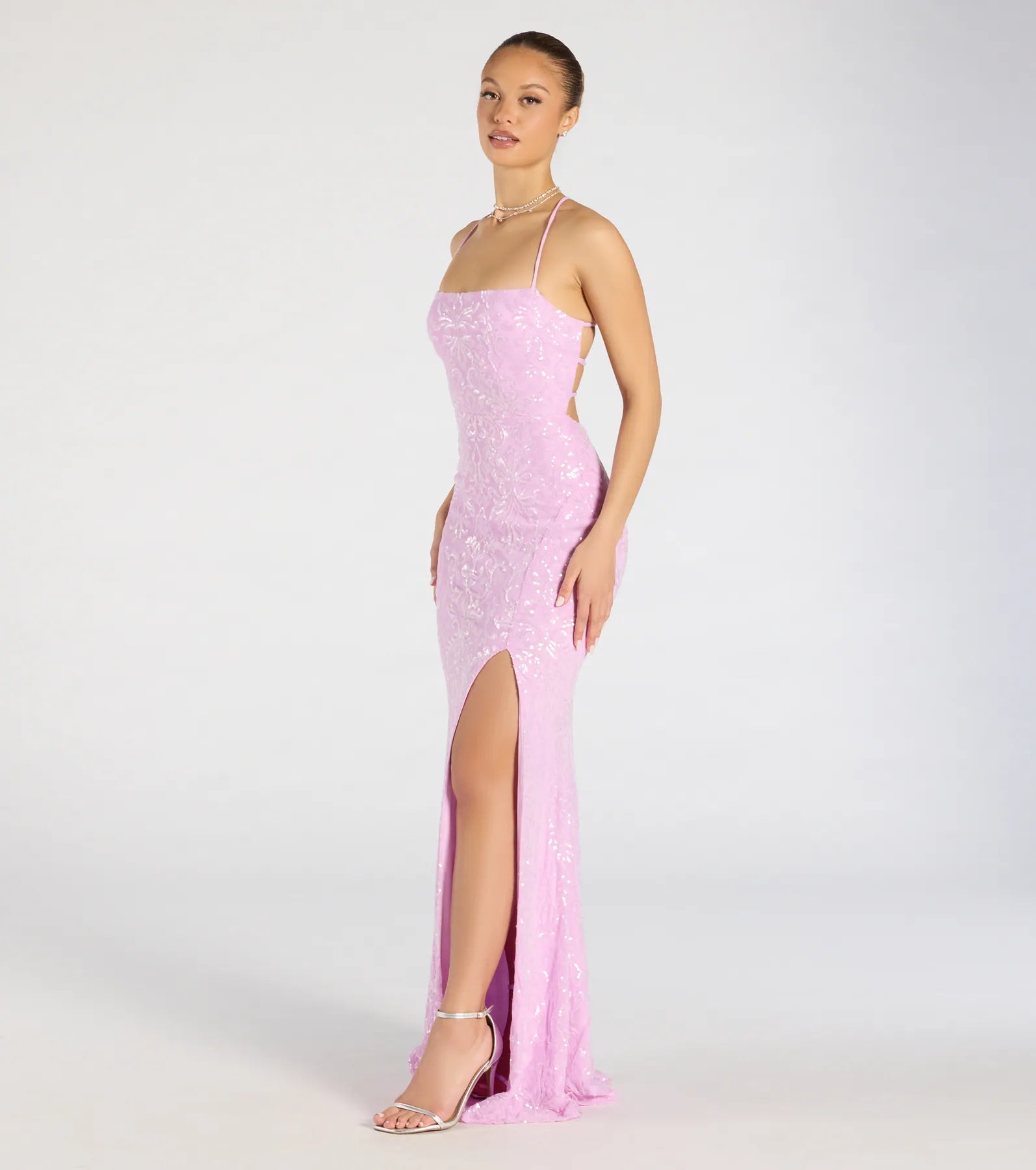 Mariah Lace-Up Slit Sequin Formal Dress