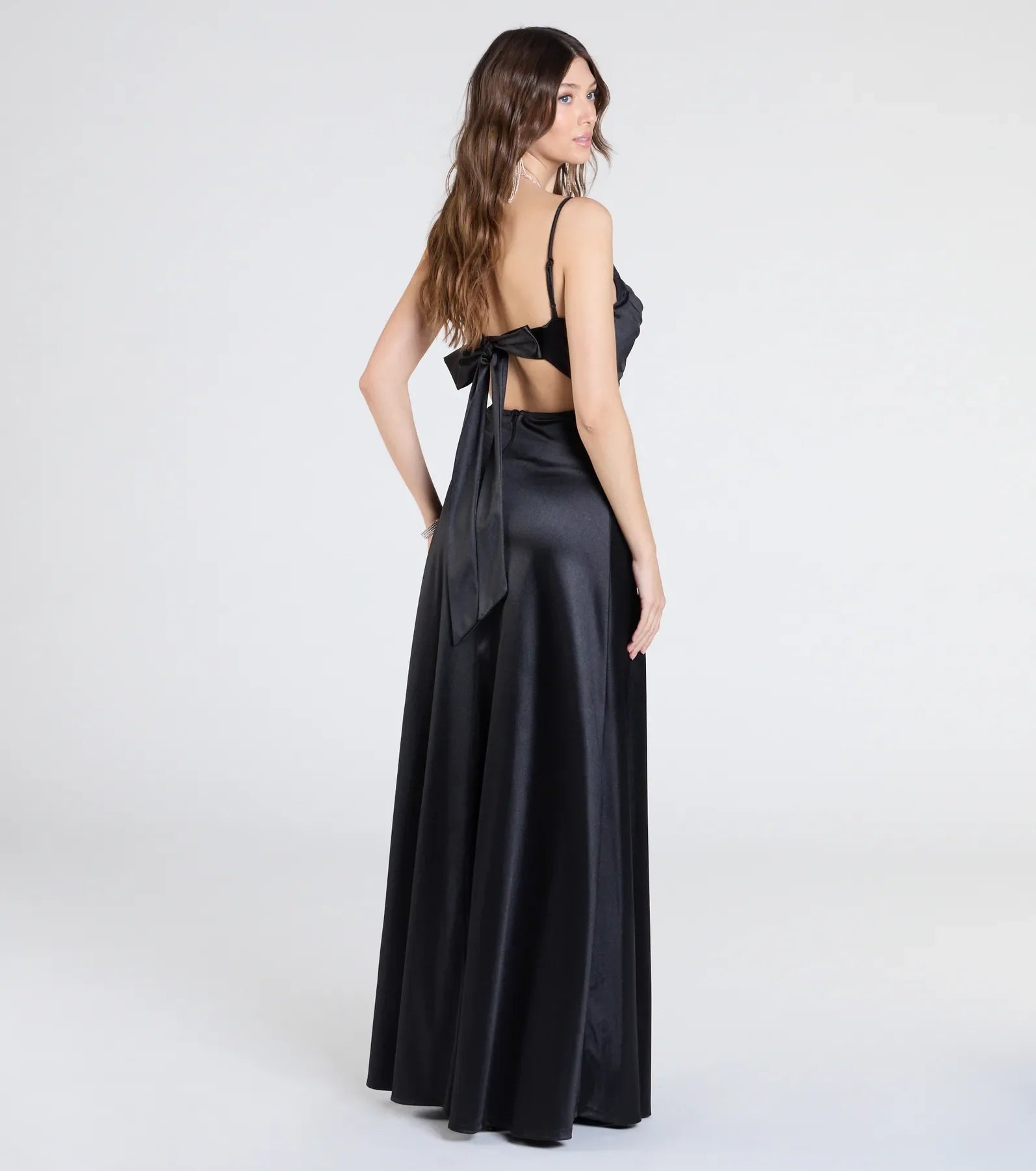 Steffanie Tie-Back Slit A-Line Satin Formal Dress
