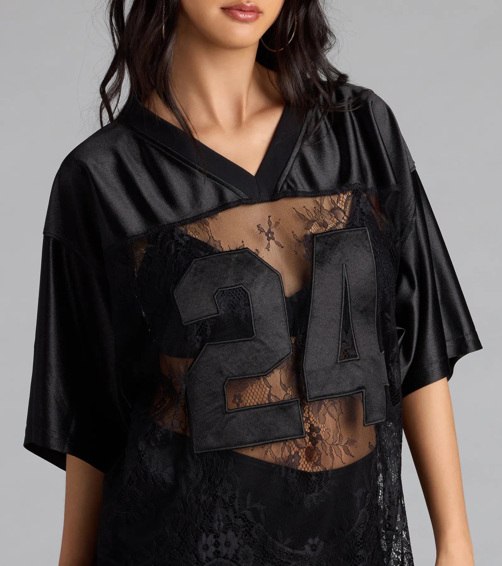 Sporty Chic Lace V-Neck 24 Graphic Jersey Top