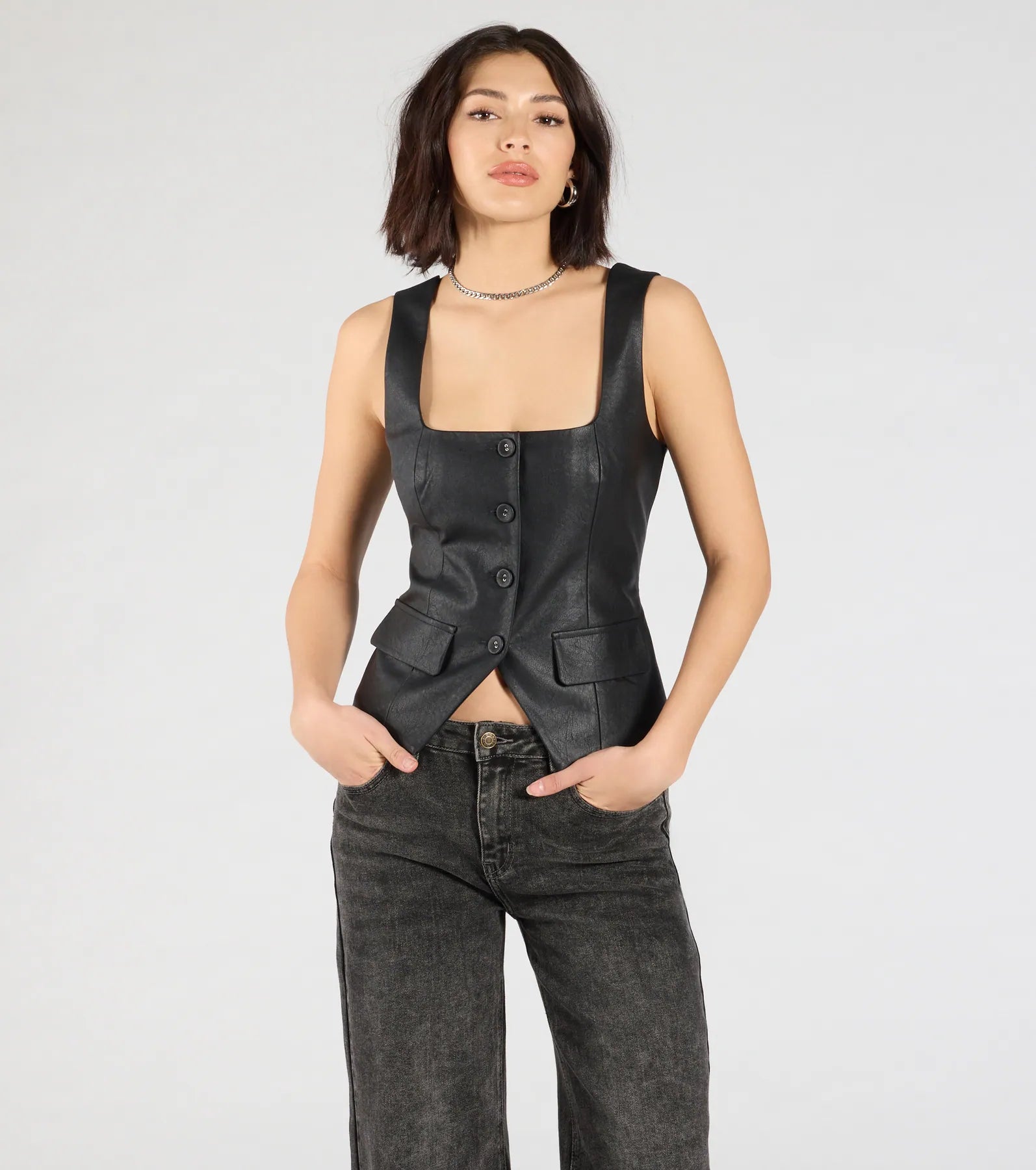 Fashionable Edge Button Down Faux Leather Vest