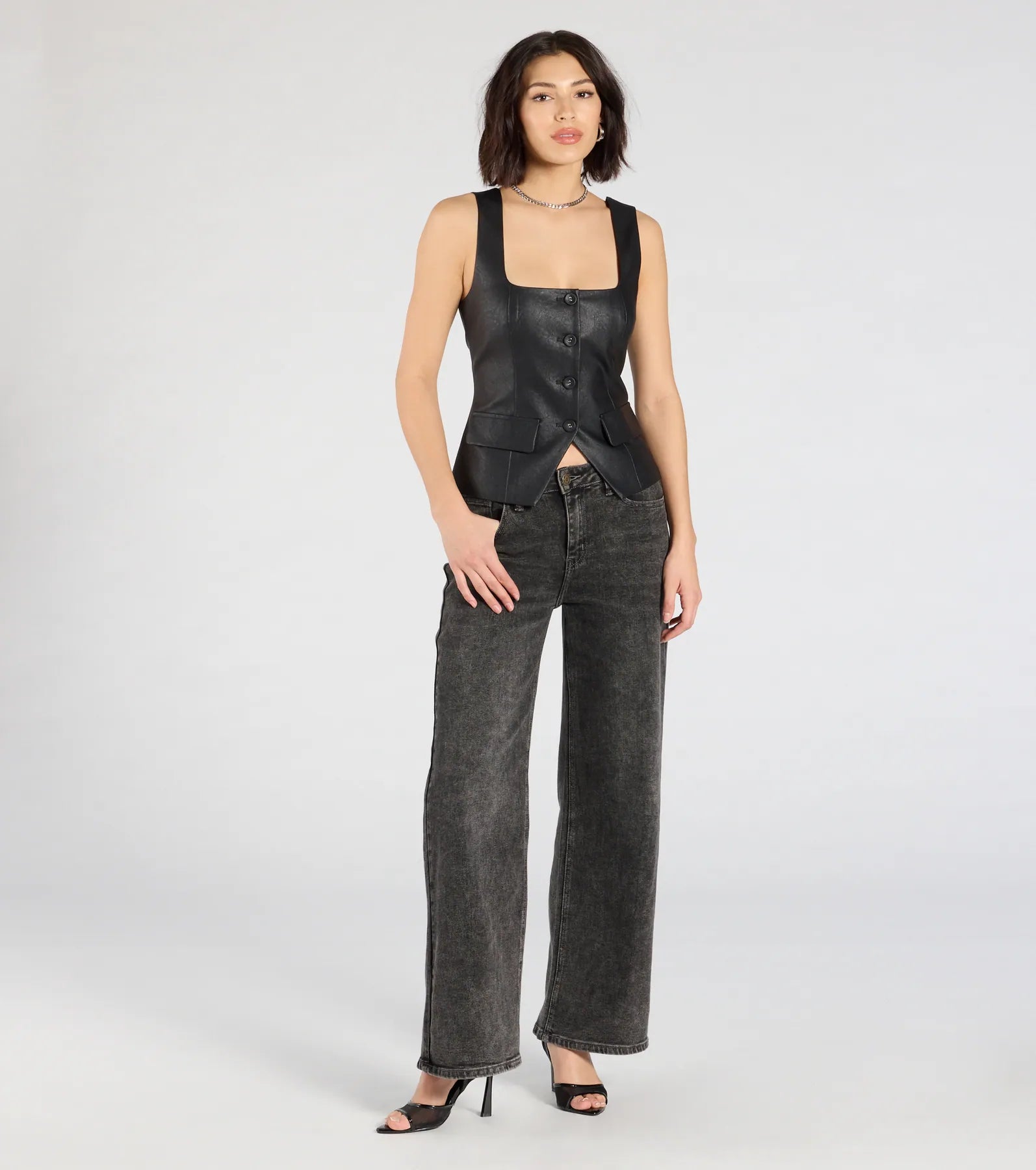 Fashionable Edge Button Down Faux Leather Vest